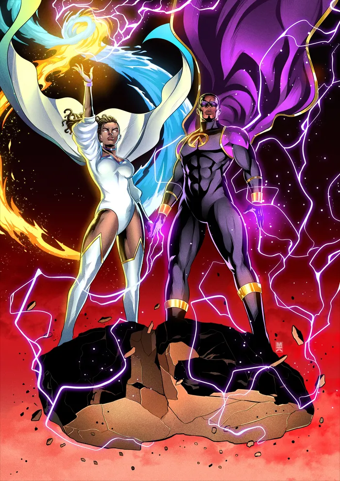 Apex and Aspect atop the rubble, wreathed in lightning